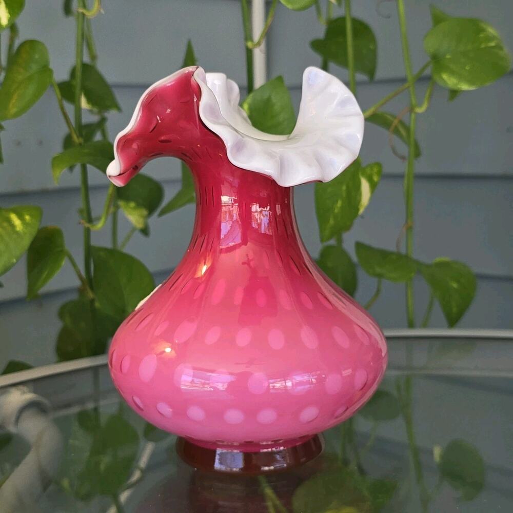 Fenton Wild Rose Pink Cased Optic Bubble Glass Ruffle Top Vase